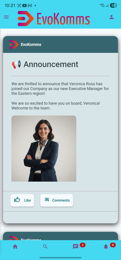EvoKomms Mobile Feed showing rich company announcements