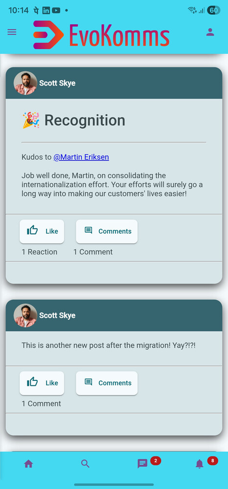 Peer-to-peer recognition interface in EvoKomms app