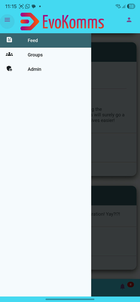 EvoKomms main navigation menu showing groups and admin tools