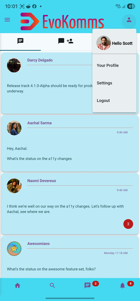 User profile and settings screen in EvoKomms app