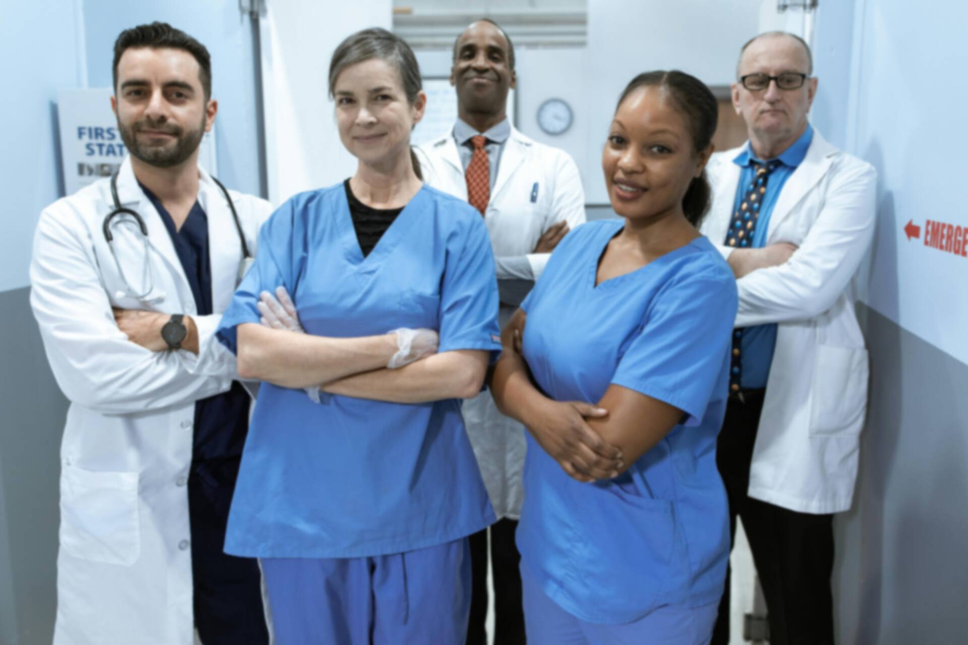 A group portrait of a hospital staff, nurses and doctors