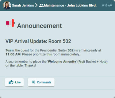 EvoKomms feed excerpt showing a hotel announcement about a VIP Arrival | EvoKomms