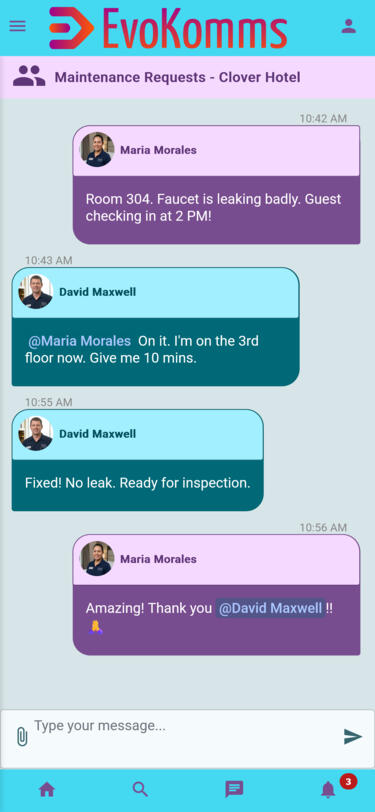 EvoKomms group chat interface showing a conversation amongst staff, reporting, discussing and resolving a maintenance issue | EvoKomms