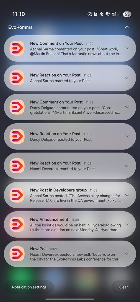 EvoKomms mobile app notifications screenshot
