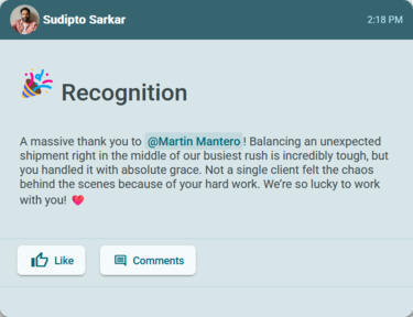 EvoKomms Employee Recognition Interface showing peer-to-peer kudos | EvoKomms